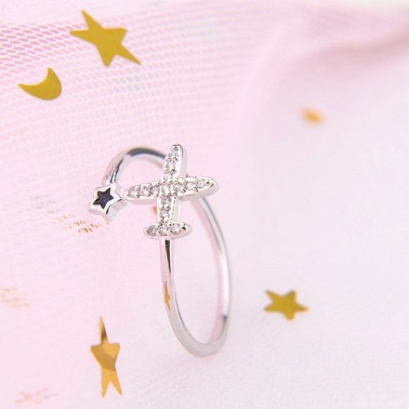 Silver Tone Airplane & Black Star Adjustable Ring - Picture 6 of 6